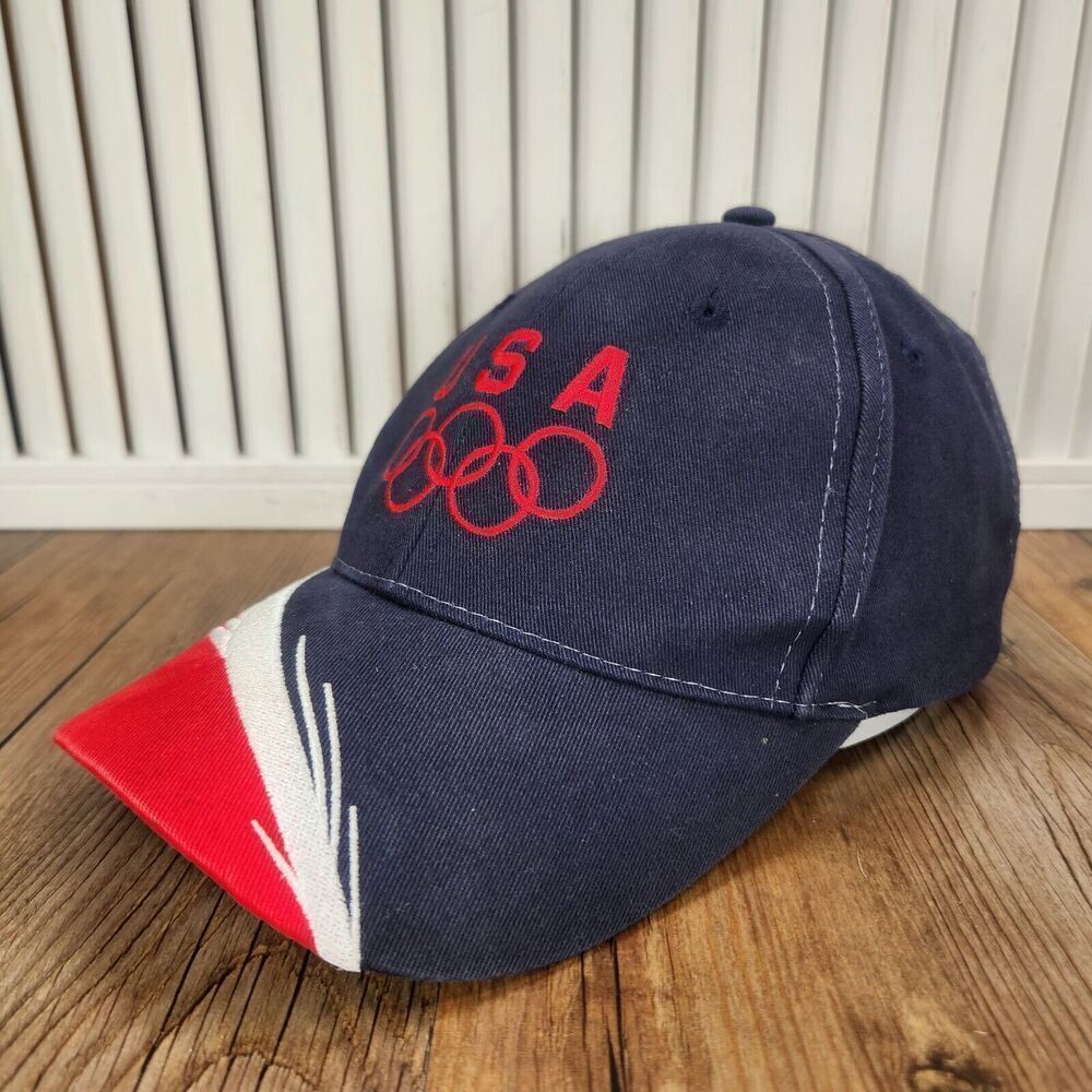 VTG 90s USA Olympics Mat Hat Strapback Hat Cap Red White Blue 5 Rings Logo Sport